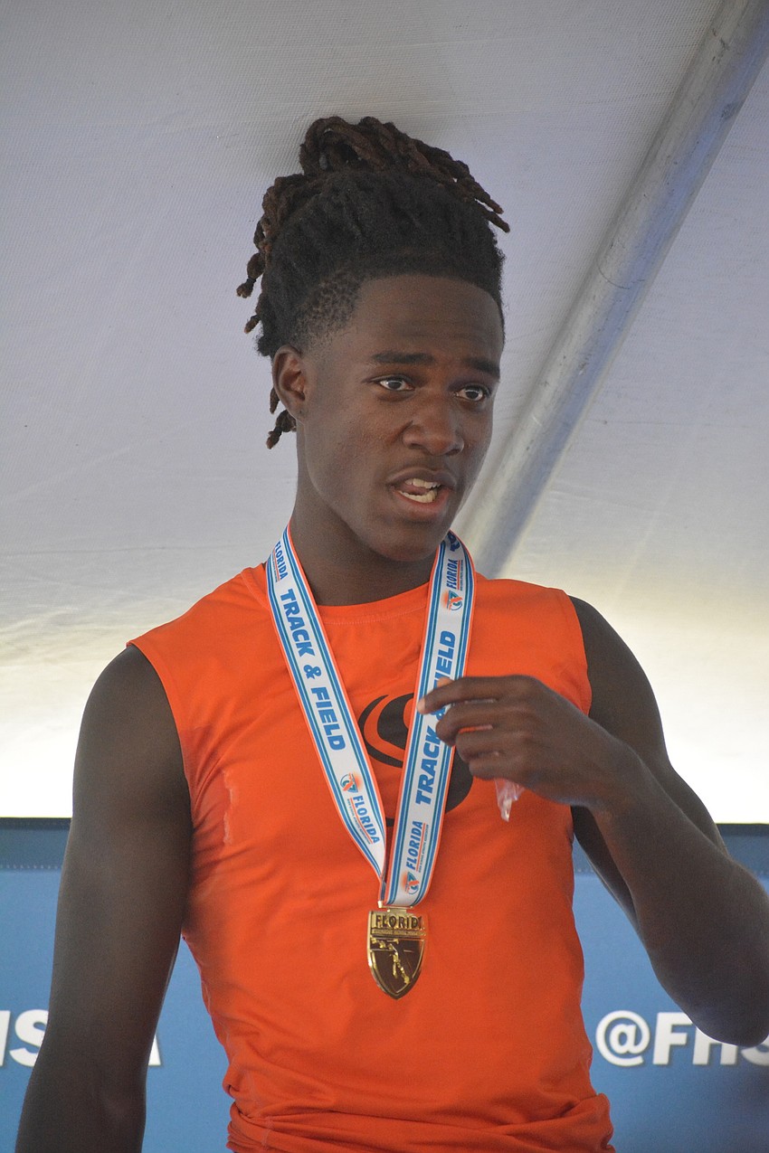 Sarasota High senior Robbie Peterson captured gold in the 4A boys triple jump.