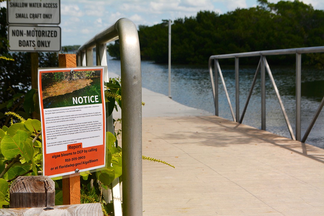 Sarasota County posts notice signs in areas where Lyngbya algae gas been detected. They encourage residents to report algae sightings to the FDEP.