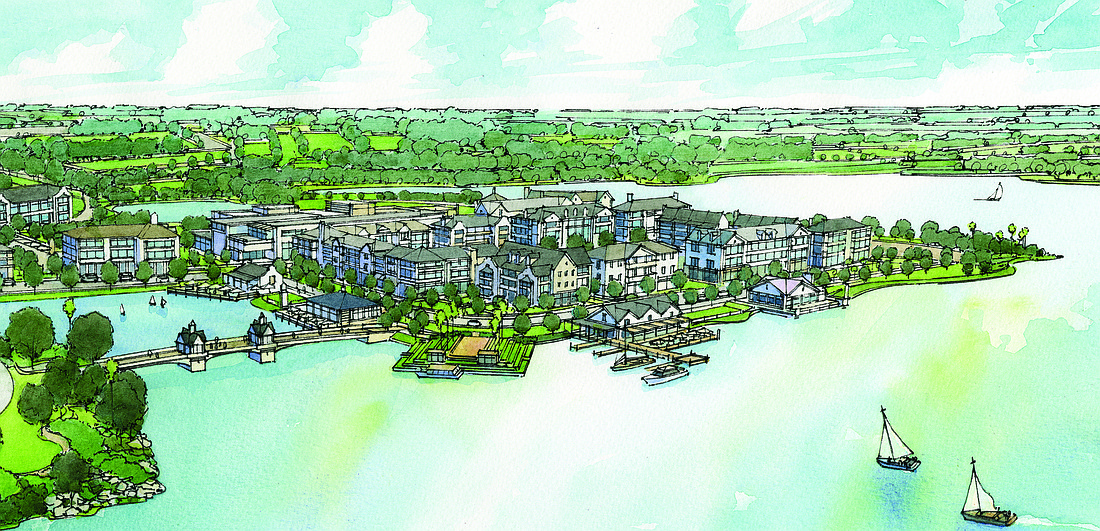 The future Waterside Place project fronts a 1-mile long lake and will have a mix of shopping, restaurants and apartments. Courtesy rendering.