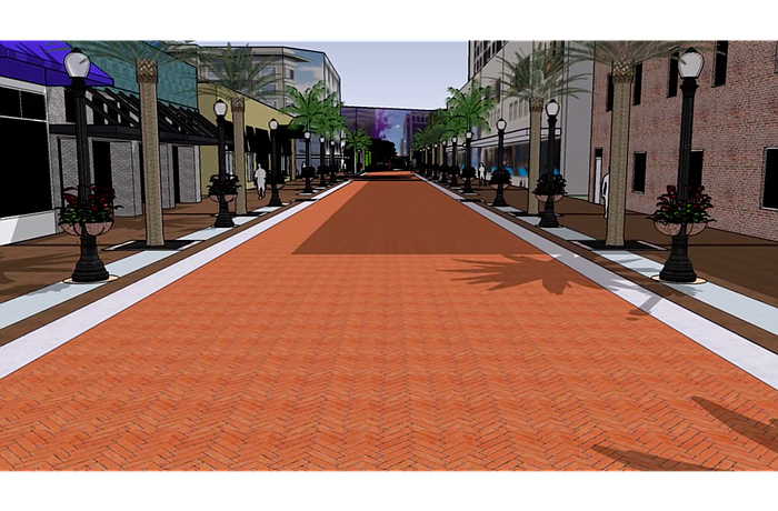 This preliminary conceptual rendering shows the city's vision for redesigning Lemon Avenue with brick pavers and no curbs.