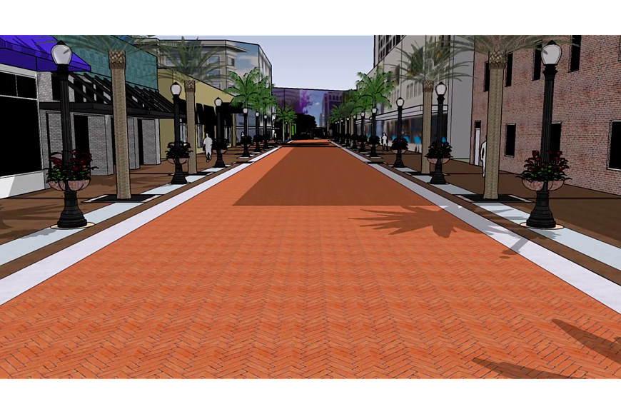 This preliminary conceptual rendering shows the city&#39;s vision for redesigning Lemon Avenue with brick pavers and no curbs.