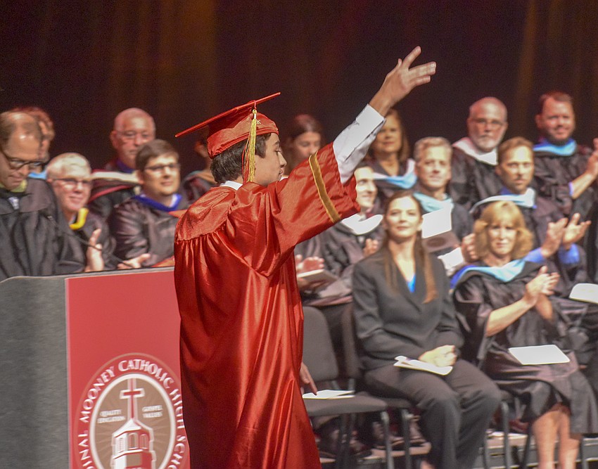 Gabriel Bazell danced across stage to get his diploma from Principal Ben Hopper.