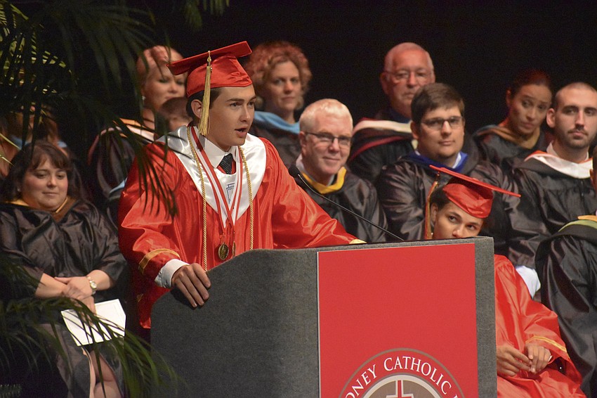 Sam Koscho gives his salutatorian address and encourages his fellow graduations to live their lives outside of social media.