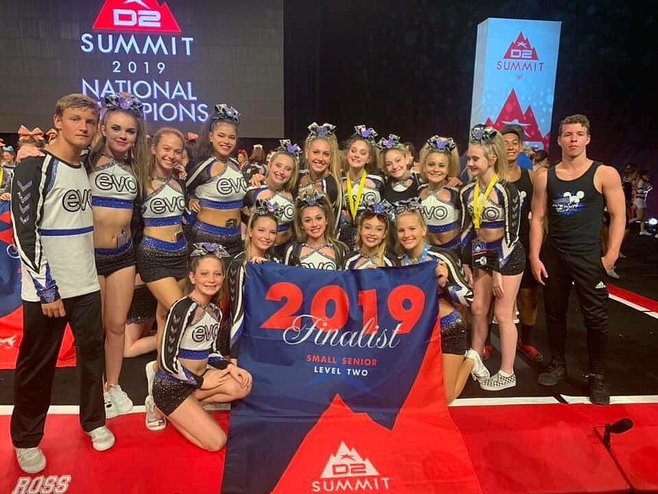 The Senior Level 2 EVO Athletics cheer team that finished 16th at The D2 Summit (national championships).
