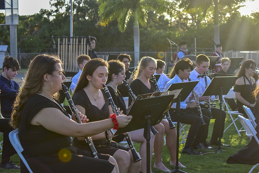 The Riverview High School band performs Broadway hits from musicals like 