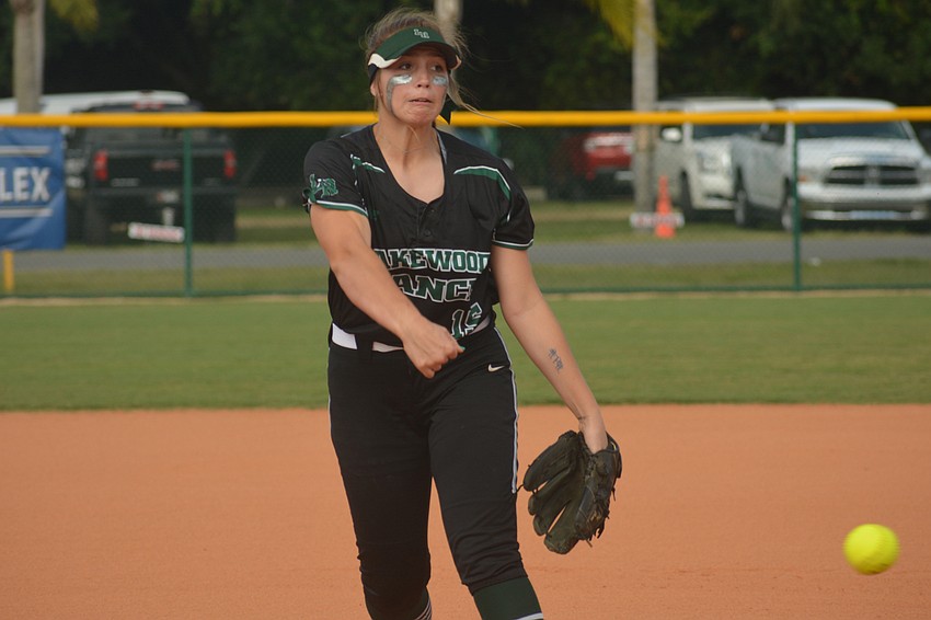 Lakewood Ranch junior pitcher Brooklyn Lucero warms up before the game.