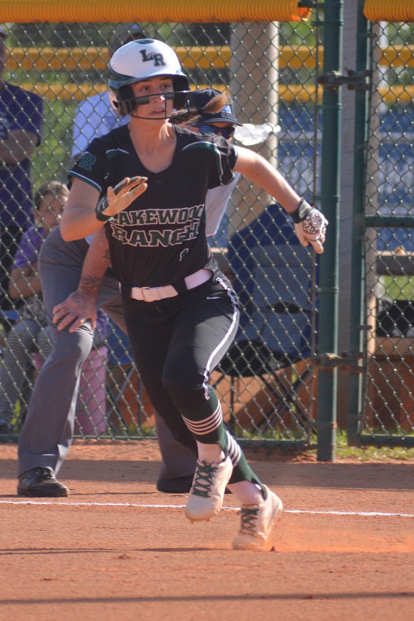 Sophomore outfielder Jillian Herbst takes a lead off first base after reaching on an error.