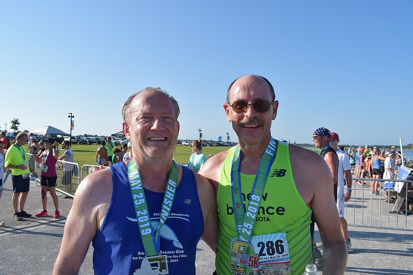 Steve Crane, of Sarasota, and Ken Krah, of Lakewood Ranch, smiled after finishing the 5k portion of the race.