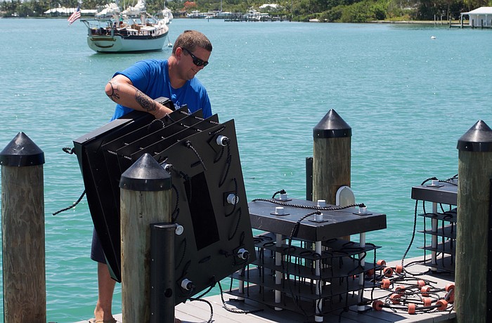David Wolff prepares to submerge 10 Mini-Reefs.