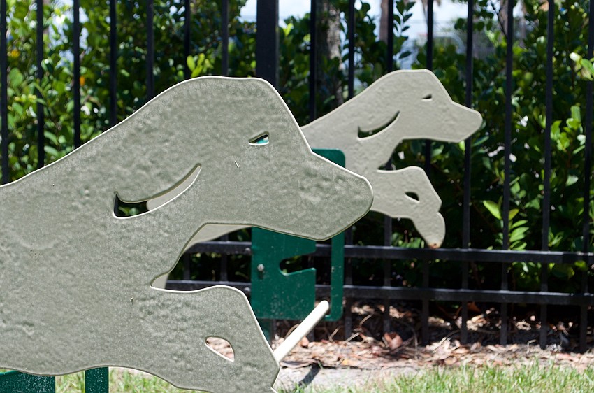 The enclosure for big dogs offers a few agility obstacles.