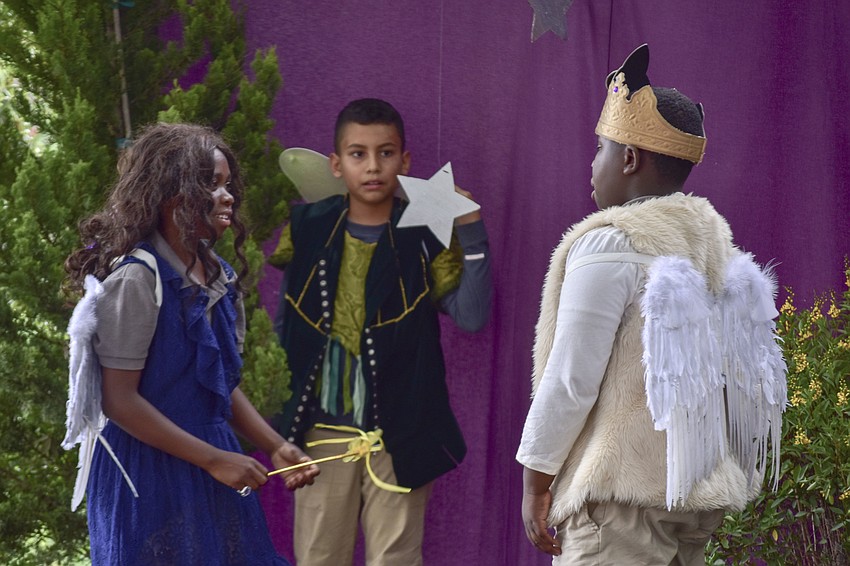 David Voltaire, as Titania; Emiliano Torres, as Puck; and Caleb Steele as Oberon in 