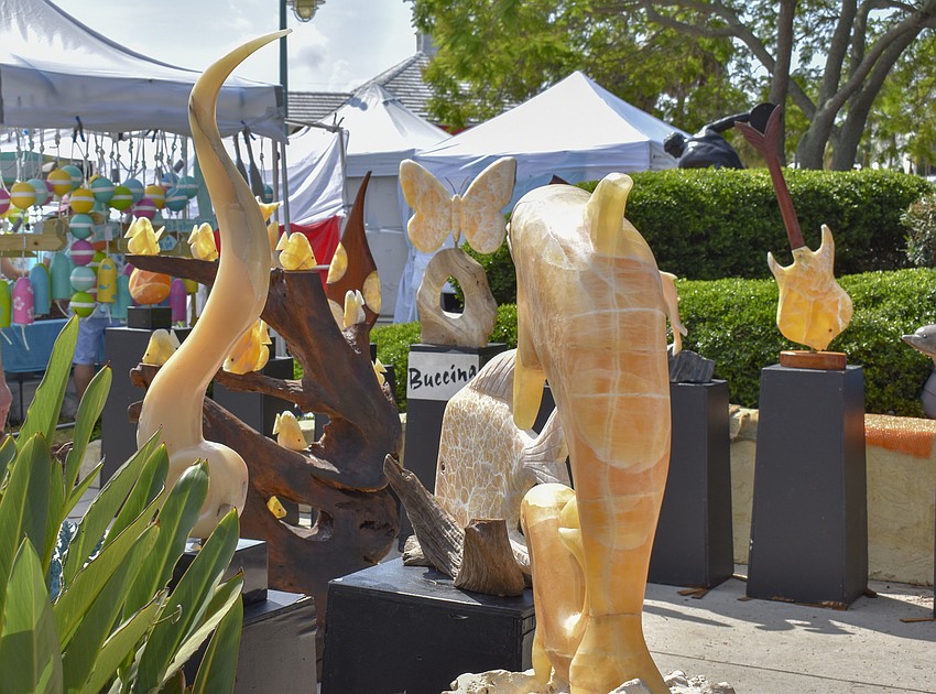 Stone sculptures from Scott Buccina on display.