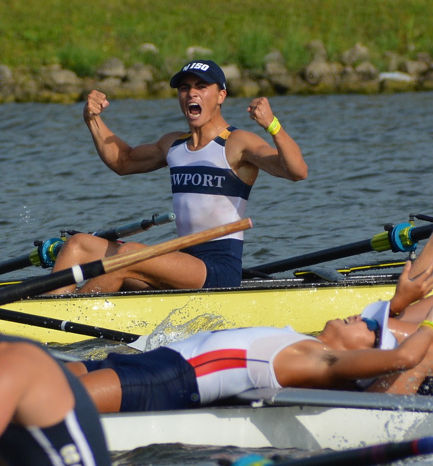 Newport Aquatic Center's Adam McDonald (top) shows the thrill of  a national title in the men's 8+ lightweight class while Sarasota's Joshua Wang collapses after a fast-closing second-place finish.