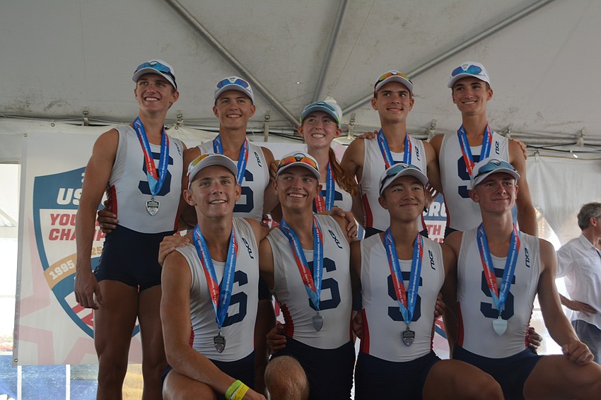 Sarasota 8+ lightweight members (back row) Logan Brown, Will Young, Camille Edwards, Dylan Fagiani, Kaden Bowles and (front) Sam Napoliello, Chris Wolf, Josh Wang and Troy Riesenberger were second.