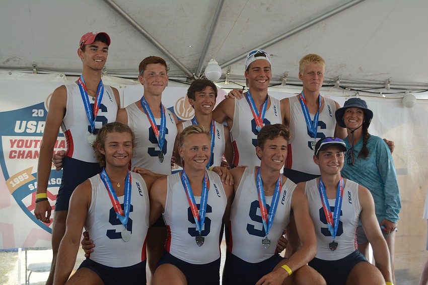 Sarasota 8+ members (back row) Ken Hutchinson, Arlie Haire, Bennett Russell, Maron Bayer, Owen Corr and coach Caitlynn Crouch and (front) Malakai Leon, Alexander DeGrado, Julian Wilberding and Harry Schofield were second.