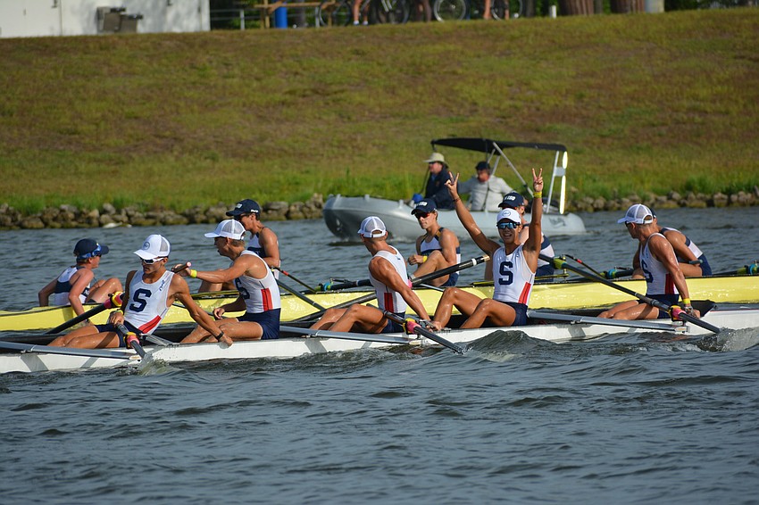The Sarasota Crew Men's Lightweight 8+ team was spent after a second-place finish.