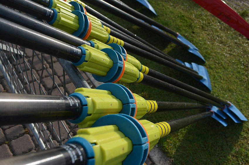 Hundreds of oars awaited the rowers at Nathan Benderson Park.