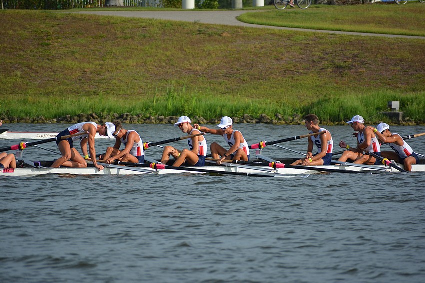 The Sarasota Men's Lightweight 8-plus team is spent after a second-place finish.