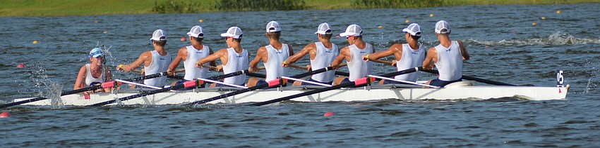 The Sarasota Crew Men's Lightweight 8+ team rallies late in its final event.