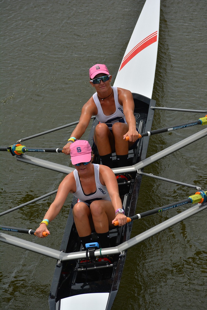 The Sarasota Crew's Lauren Andrews (top) and Elise Dean bring their boat home after finishing second in the Women's 2x finals June 8.