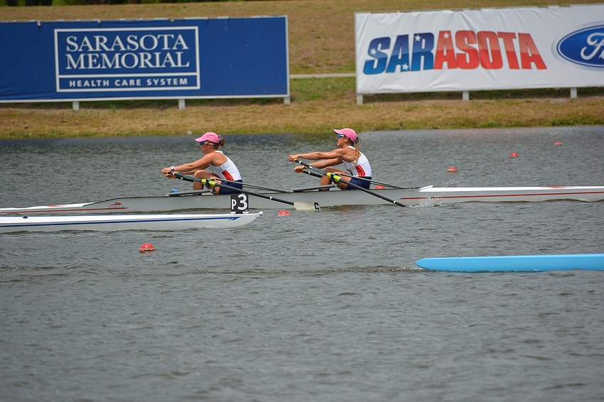 Elise Dean and Lauren Andrews compete for the Sarasota Crew June 8 in the Women's 2x C final.