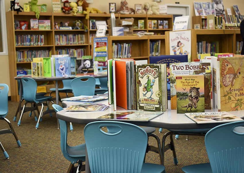 Books are on display for grade levels K-5.