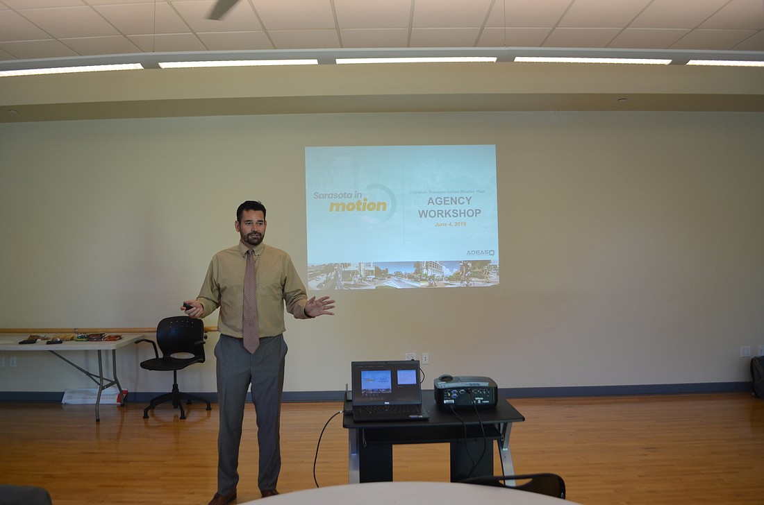Jason Collins, president of consulting firm ADEAS-Q, introduces the Sarasota in Motion planning process at a June 4 workshop at the Robert L. Taylor Community Complex.