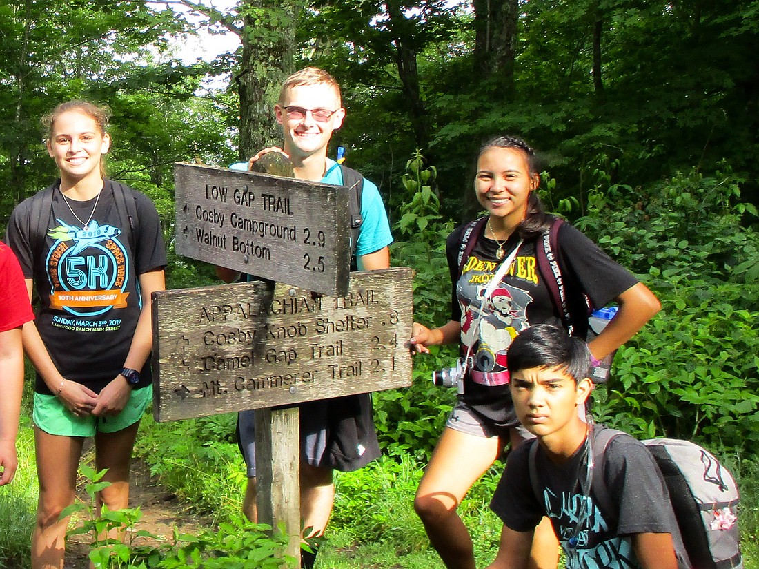 Sarah Dussault, Nicholas Wigginton, Marybell Contreras and Isiah Bohner stop where the Low Gap and Appalachian Trails meet.  This was the first hike that took campers to Mt. Cammerer Fire Tower.  Courtesy photo.