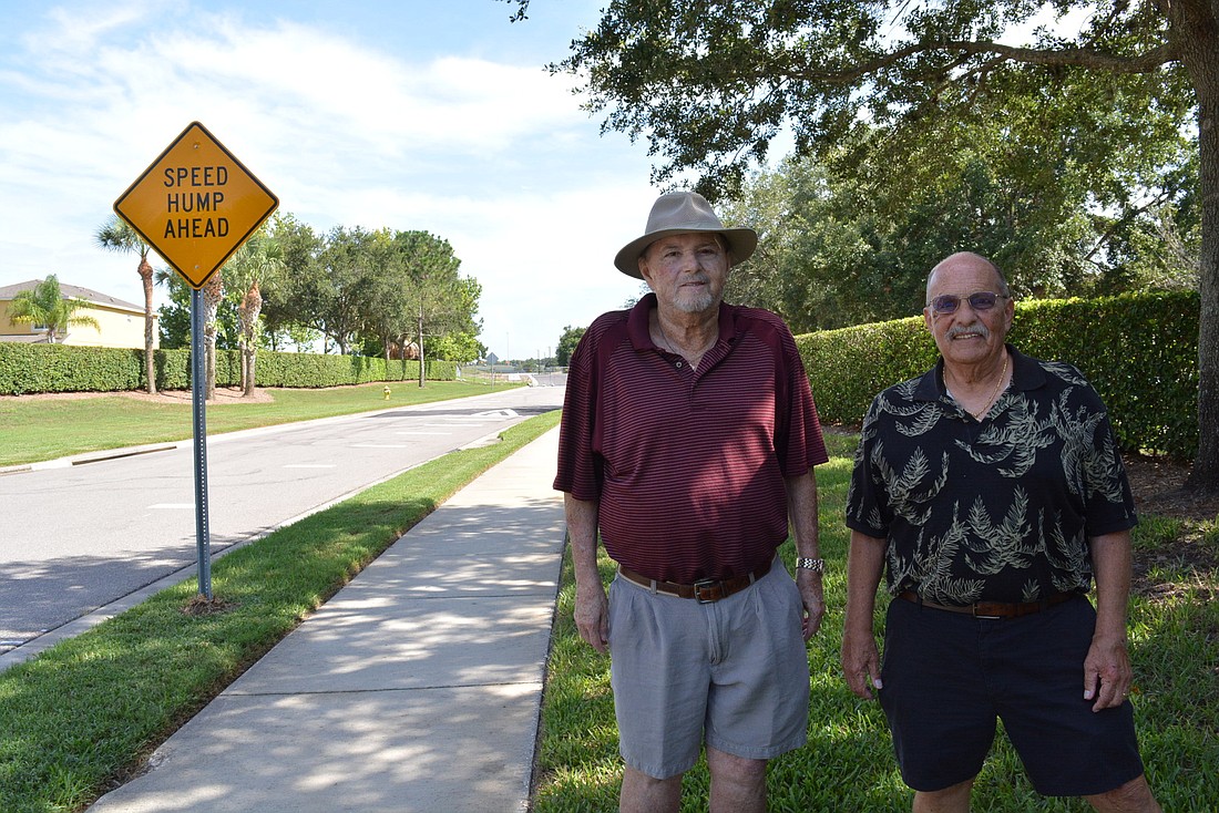 Heritage Harbour residents and Joint Task Force on Traffic Calming members Gene Zeiner and Tad Parker hope installing speed bumps or tables, like those installed on Lighthouse Drive, could calm traffic on River Heritage Boulevard.