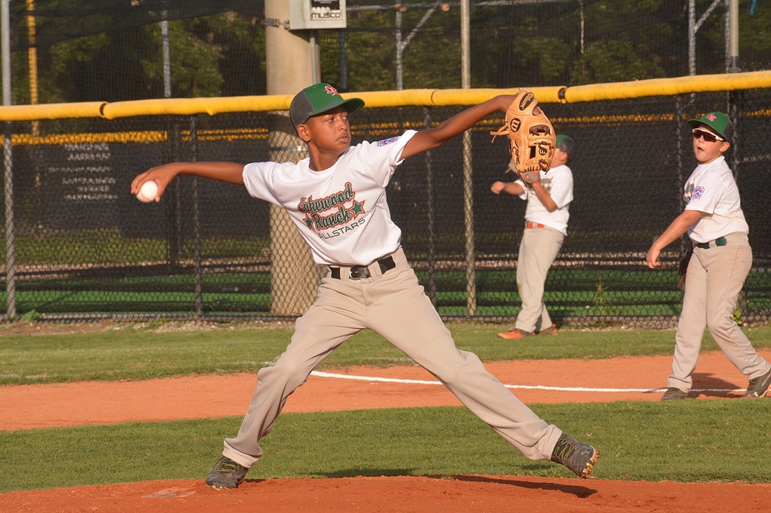 Lakewood Ranch&#39;s Amir Simmons fires a pitch against Manatee. He threw three shutout innings.