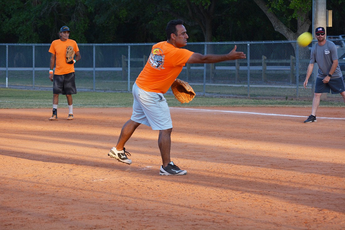 Lakewood Ranch&#39;s Dan Elmaleh pitches during an MVP Sports and Social softball game at Fruitville Park. Softball fields are one thing being discussed by Lakewood Ranch as a potential add. Photo by Pam Eubanks.