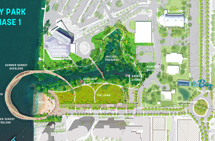 The proposed first phase of the bayfront project now includes an arcing pier, an open lawn area and a beach shoreline.