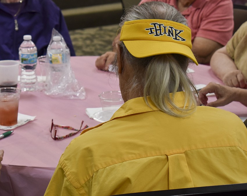 Houston Hill sports a trivia friendly hat for Temple Emanu-El's trivia night.