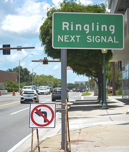 Construction prohibiting left hand turns onto Main Street and Ringling Boulevard is expected to end at the end of July.