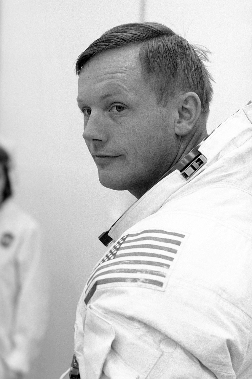 Neil Armstrong in the suit room at Kennedy Space Center on July 3, 1969 while preparing to take place in the final launch dress-rehearsal