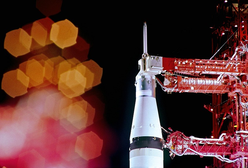 The Saturn V rocket poised for launch.