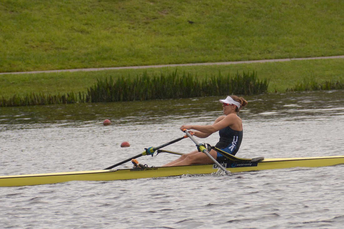 The USA&#39;s Emily Kallfelz won her heat of the women&#39;s single scull race at the 2019 World Rowing U23 Championships.