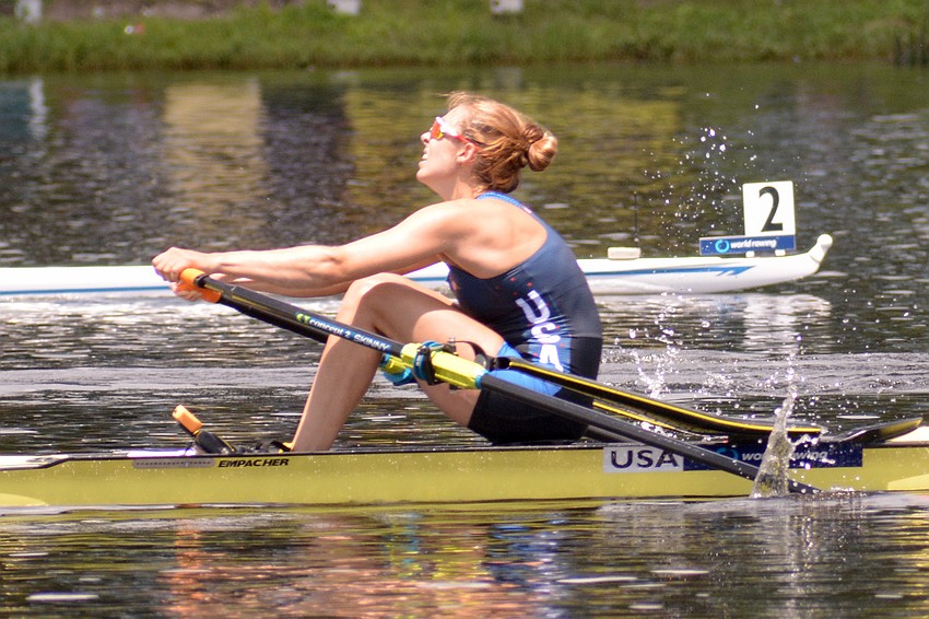U.S. rower Emily Kallfelz lost an early lead to finish second in the women's single scull (7:37.61) to Australia's Ria Thompson (7:36.08).