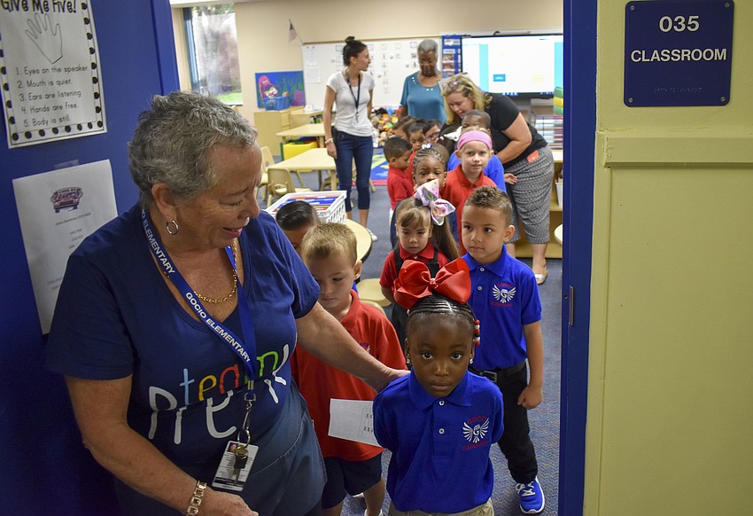 Ms. Reese's pre-K class lines up to go to breakfast. // Whitney Elfstrom