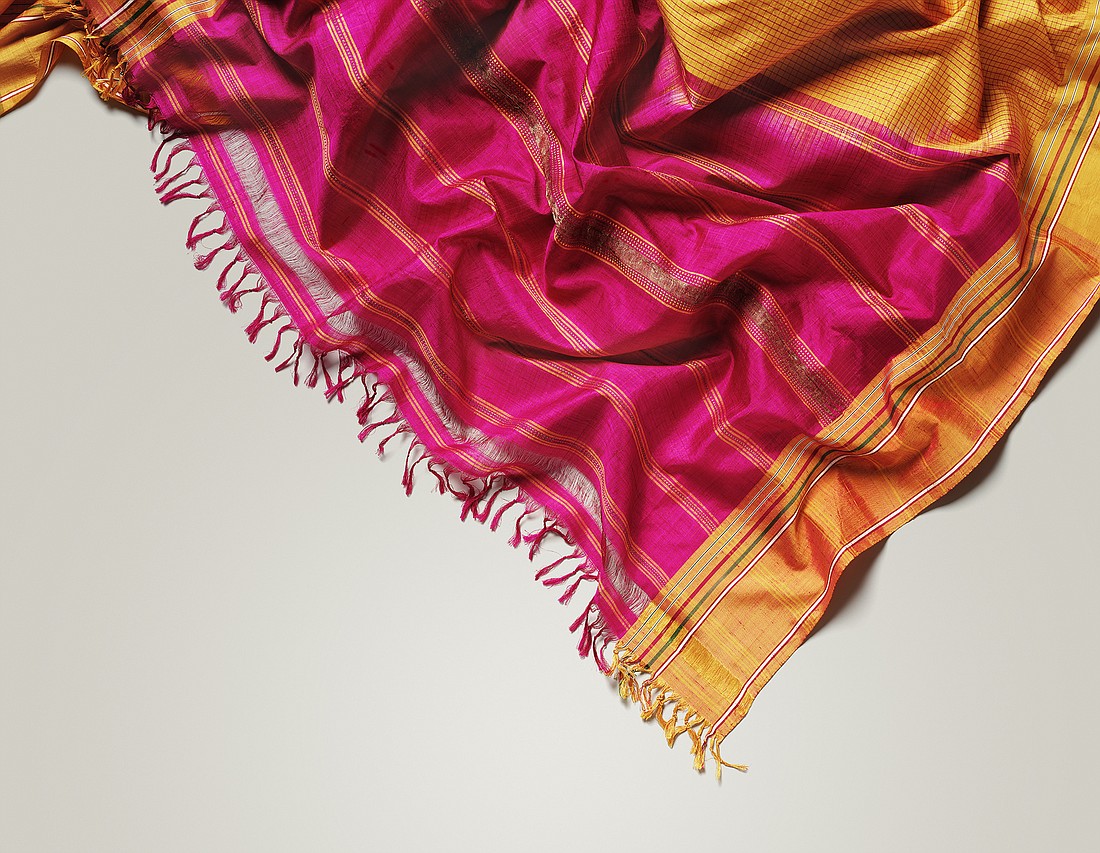 A sari, circa 1867, from Bengaluru, Karnataka; made of silk and metal-wrapped thread â€” Photos courtesy Victoria and Albert Museum, London