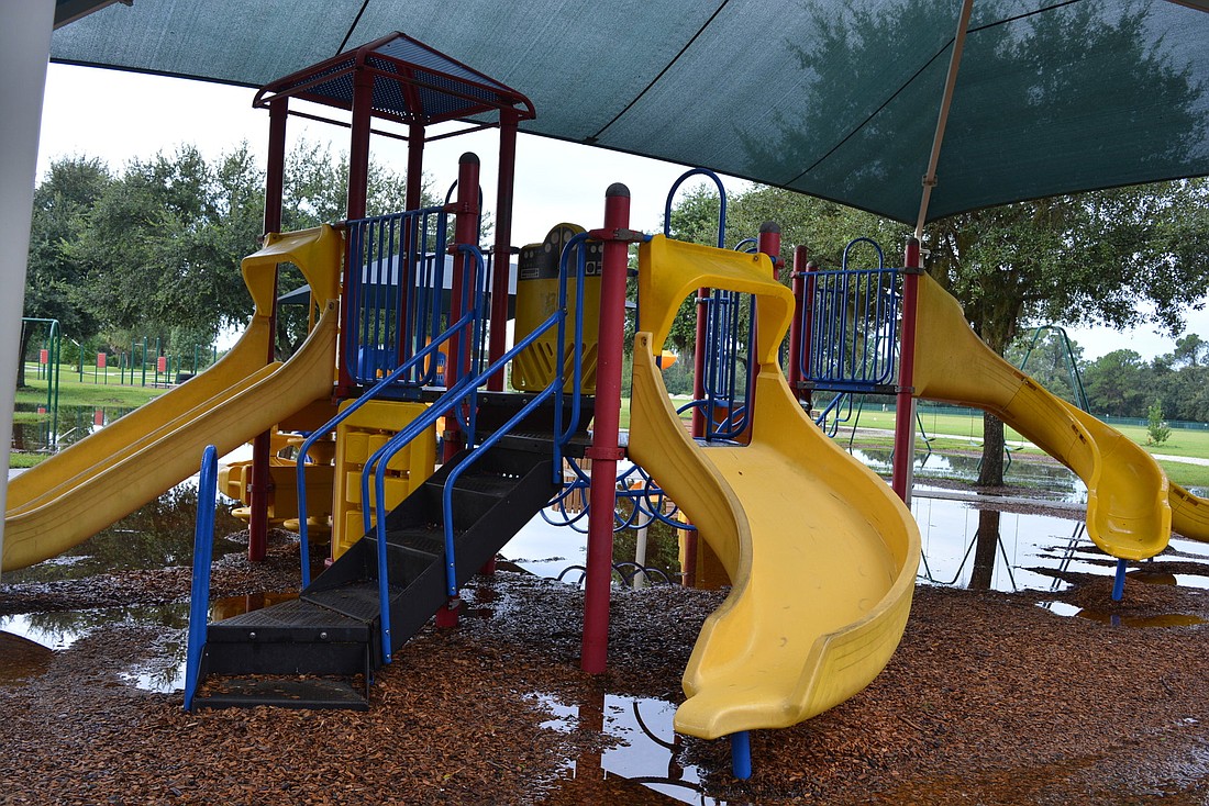 Many components on the larger multislide playground structure at Greenbrook Adventure Park are rusted or corroded. Lakewood Ranch Community Development District 4 will spend about $15,000 on repairs.