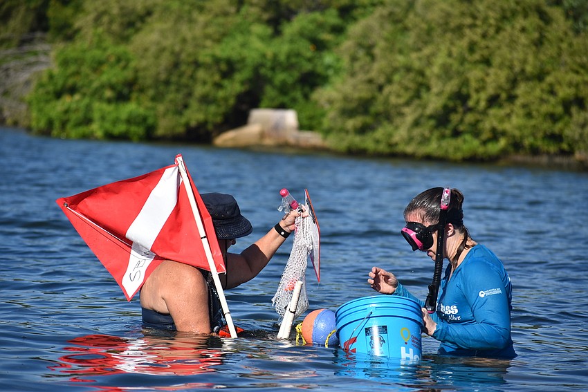 Beth Mayberry and Jeanette Marks get ready to assess the bay.