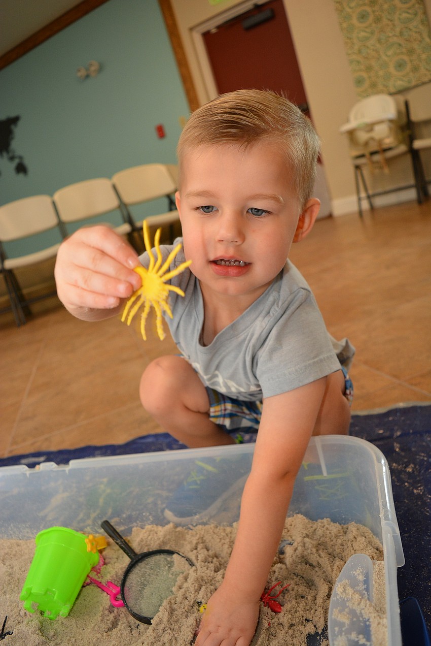 DAmon Rateni, 2, digs for bugs in the sand. He uses his magnifying glass to examine them more closely.