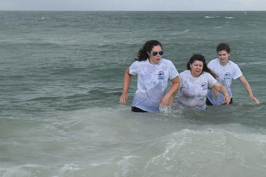 Kristen Toth, Susan Jablonski and Mauryn Brownback turn back after Kennel swam away.