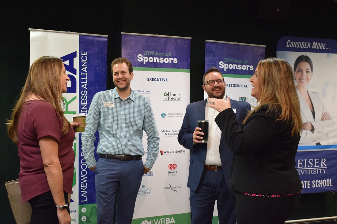 From left, Wendy Orlando with The Mark Wandall Foundation, Dan Sidler and Erik Hanson with the Lakewood Ranch Business Alliance and Alicia Chalmers with Manatee Community Foundation talk before an event to educate nonprofits.