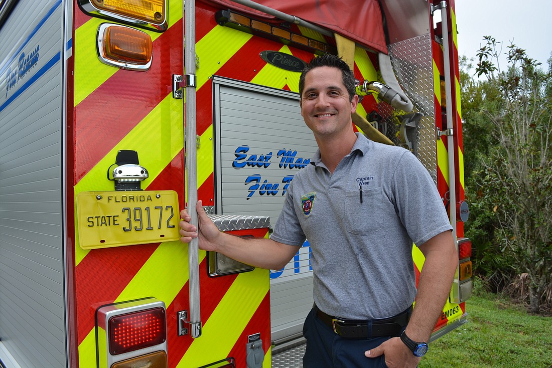 East Manatee Fire Rescue District Capt. Paul Wren says the district converted striping on the back of firetrucks from blue-and-white to red-and-yellow. The yellow is much more visible to motorists, especially at night.