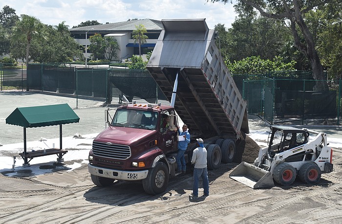 Three tennis center courts are undergoing work to upgrade the irrigation system. Photos taken Aug. 29, 2019 by Nat Kaemmerer.
