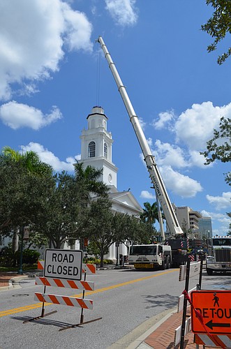 The church hopes to have the steeple removed by the end of the day Monday. A replacement steeple should be installed by the end of September.