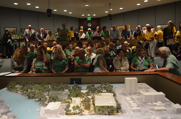 Project supporters wore green and opponents wore yellow to Wednesday's meeting on the Selby Gardens master plan proposal.