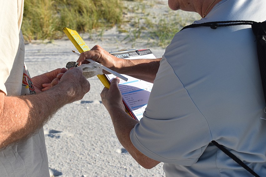 Peter Stokes and Dawn DiFoggio ponder what this bit of trash once was.